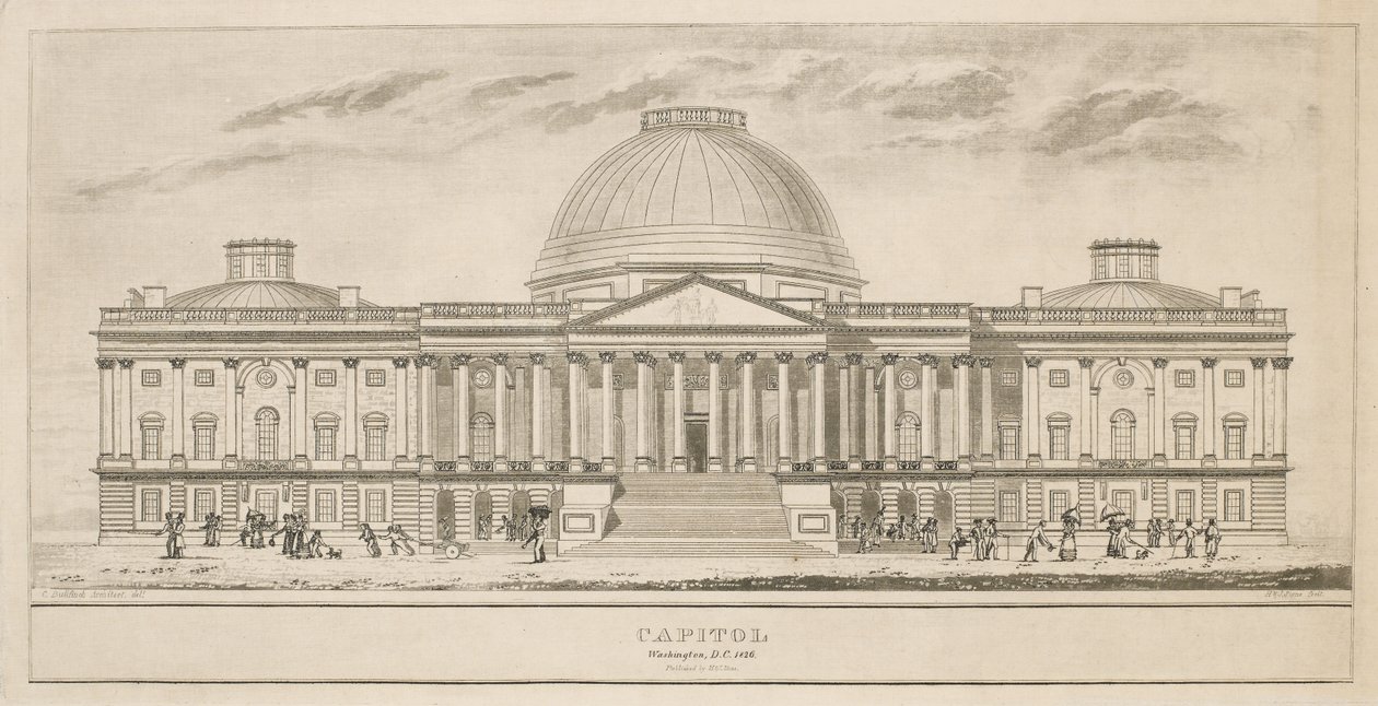 Capitool, Washington, D.C., gegraveerd door Henry en James Stone (actief 1822-1849), 1826 (aquatint en lijngravure op papier) door Charles after Bulfinch