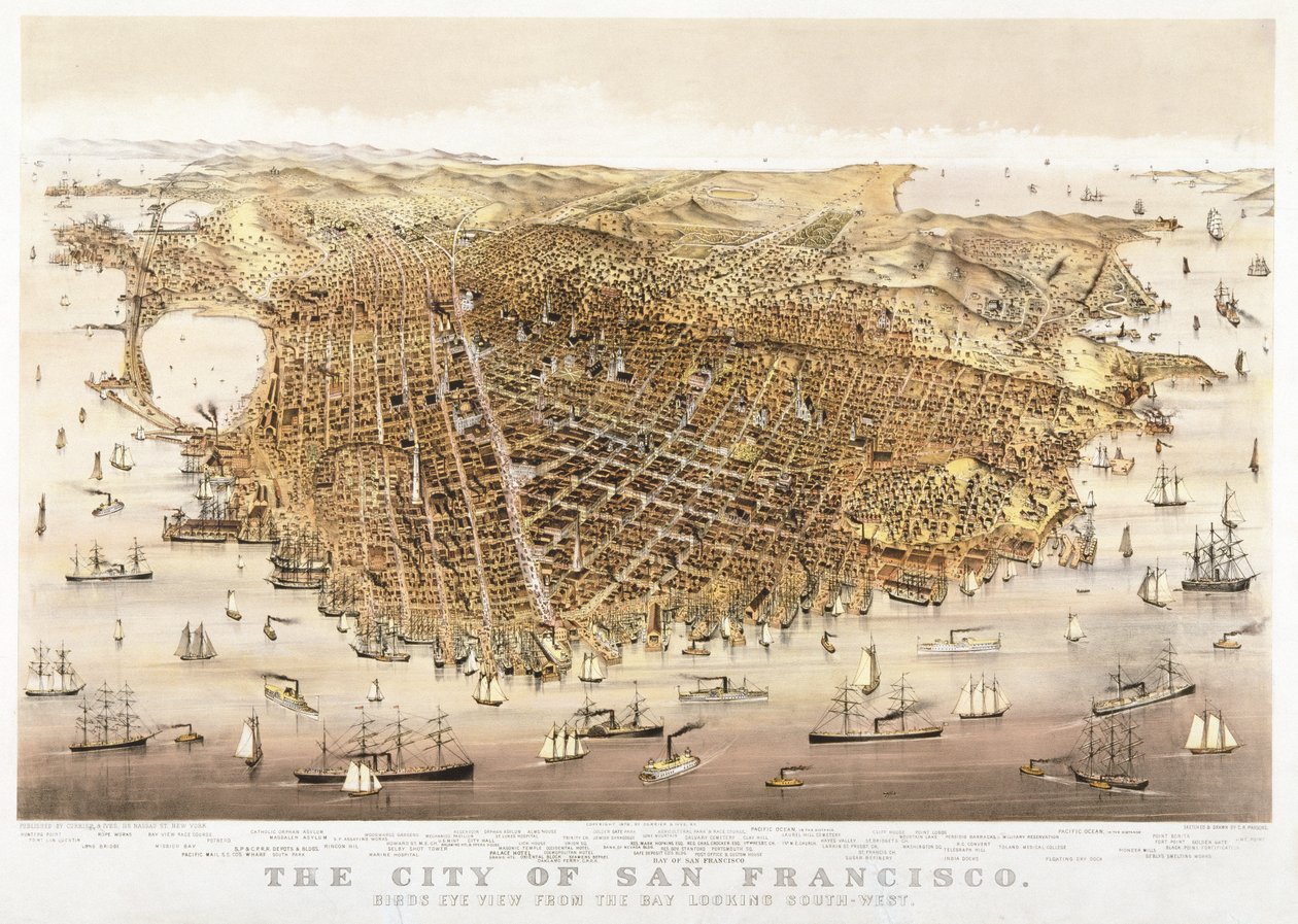 De stad San Francisco, vogelvlucht vanuit de baai naar het zuidwesten, gepubliceerd door Currier & Ives door Charles Richard Parsons