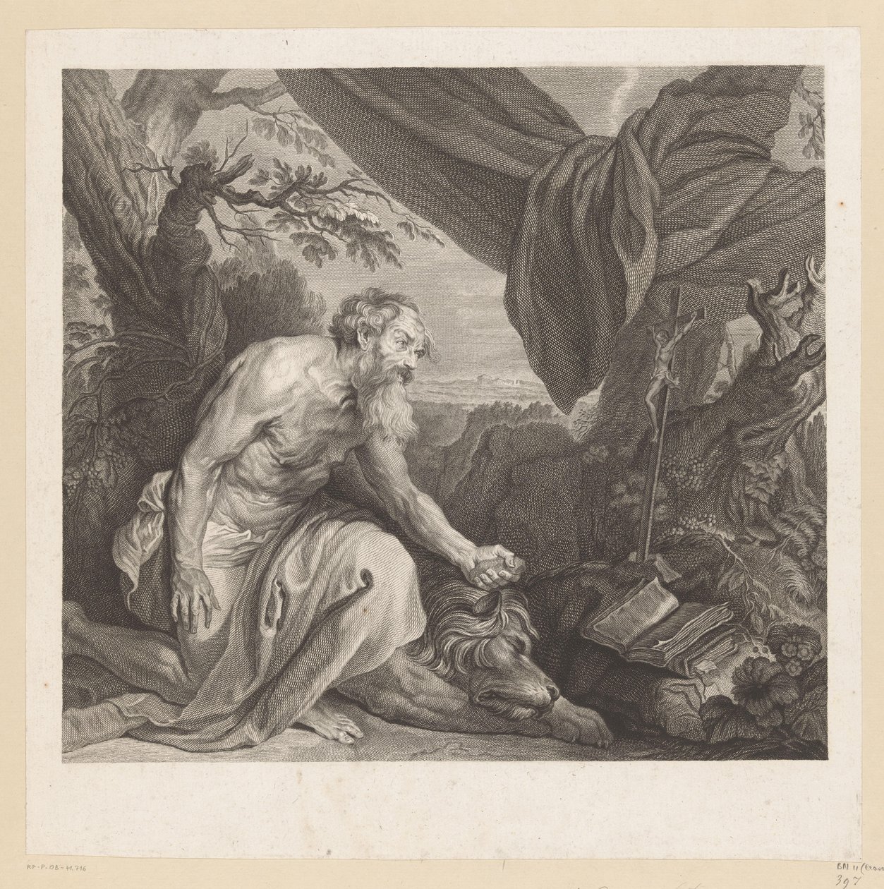 Hiëronymus met slapende leeuw en kruisbeeld door Charles de Beauvais (rejected attribution)