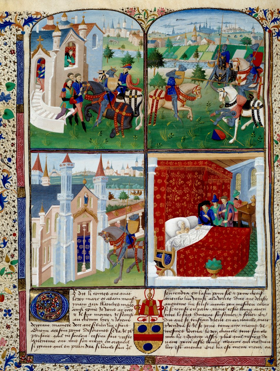Illustratie van het Tristan-verhaal: vertrek, toernooi en dood door Charles du Maine Master