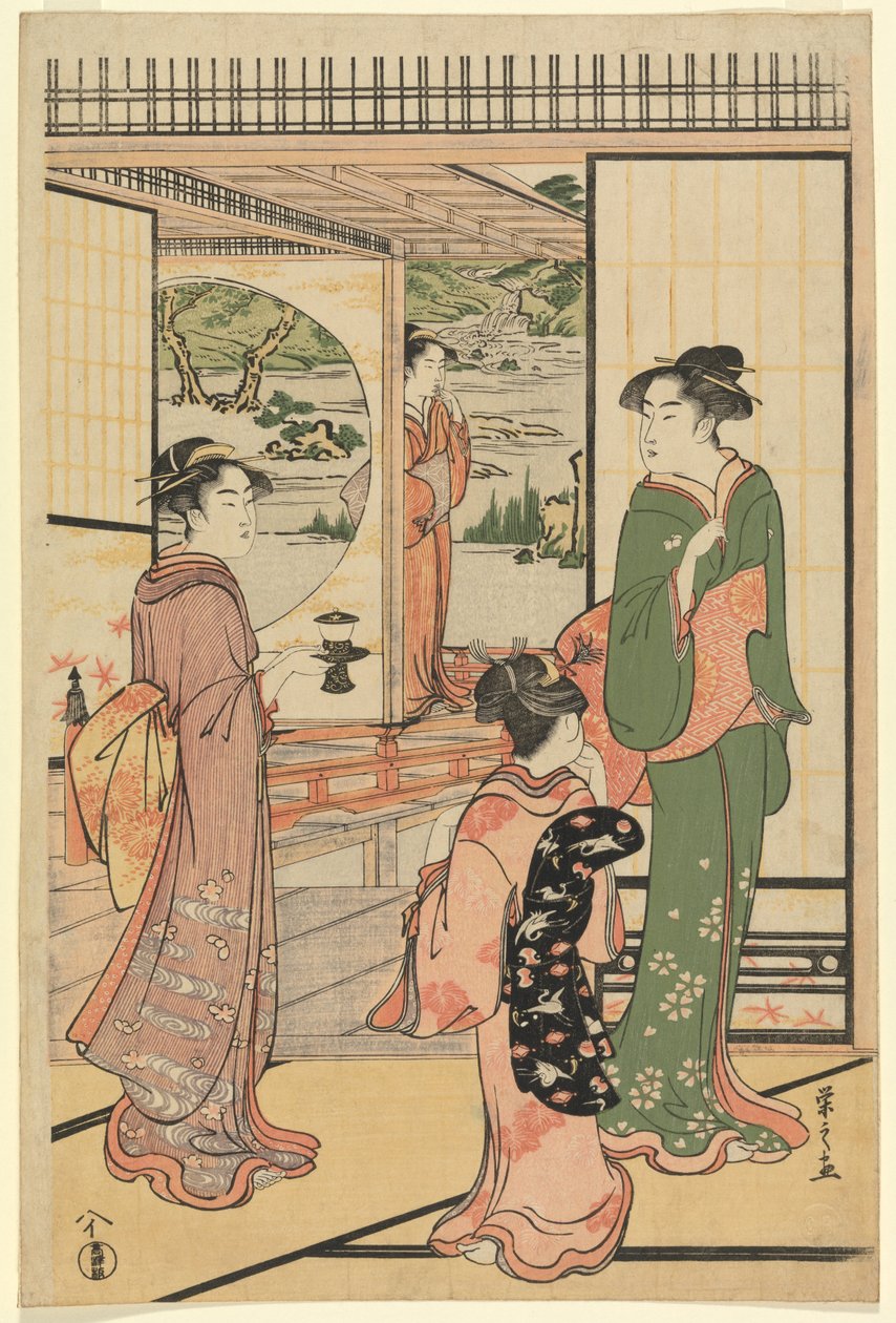 Mooie vrouwen bij een Yashiki (CBL J 2494) door Chobunsai Eishi