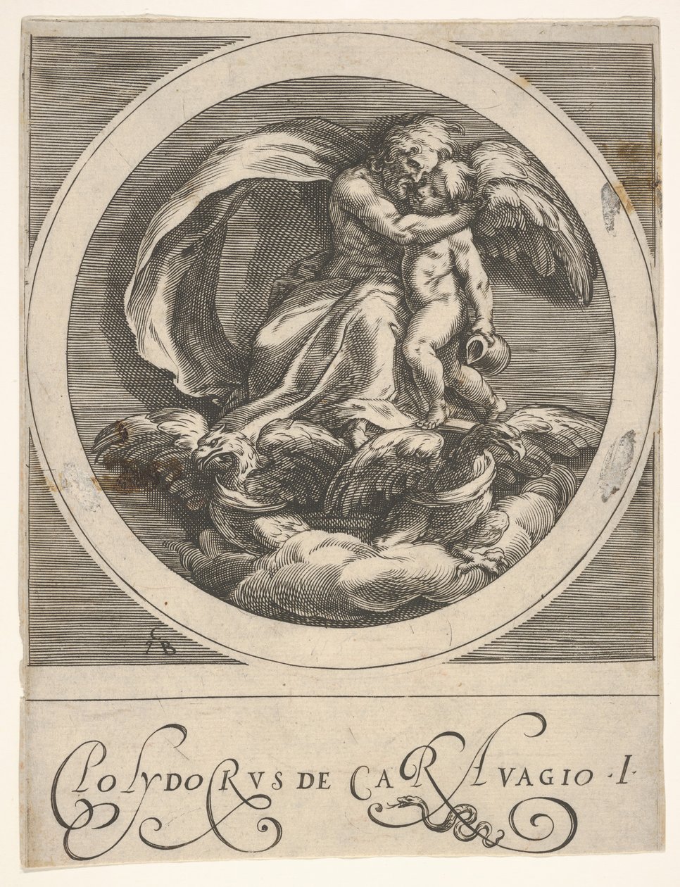 Jupiter, zittend boven twee adelaars en omhelst Cupido, een ronde compositie uit een serie, ca. 1590 door Cherubino Alberti
