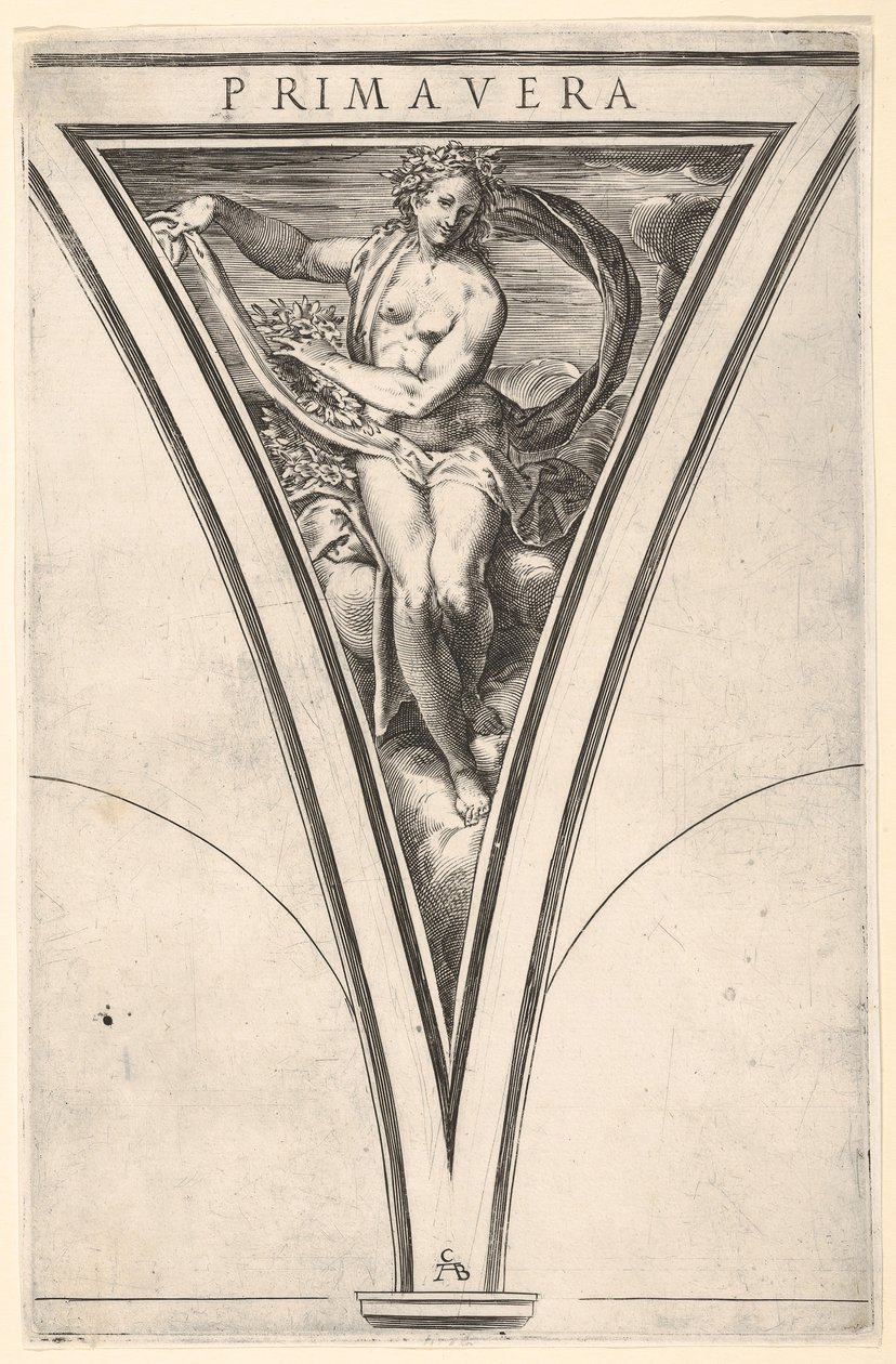 Lente Primavera voorgesteld als een vrouw met een wapperend doek en slingers door Cherubino Alberti