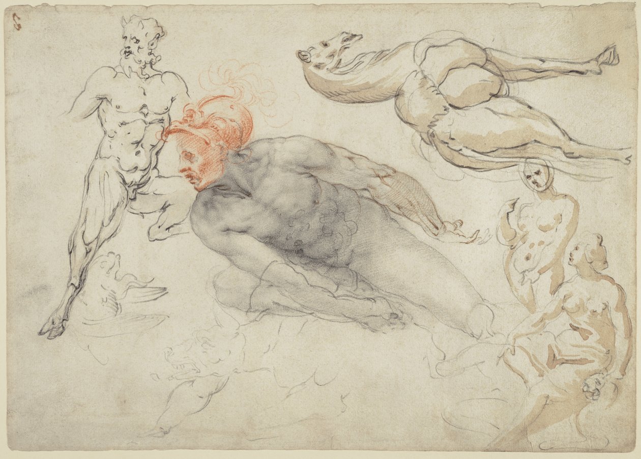 Studies van mannelijke en vrouwelijke naakten, een sater en een kameel (recto); standbeeld van Marcus Aurelius (verso) door Cherubino Alberti