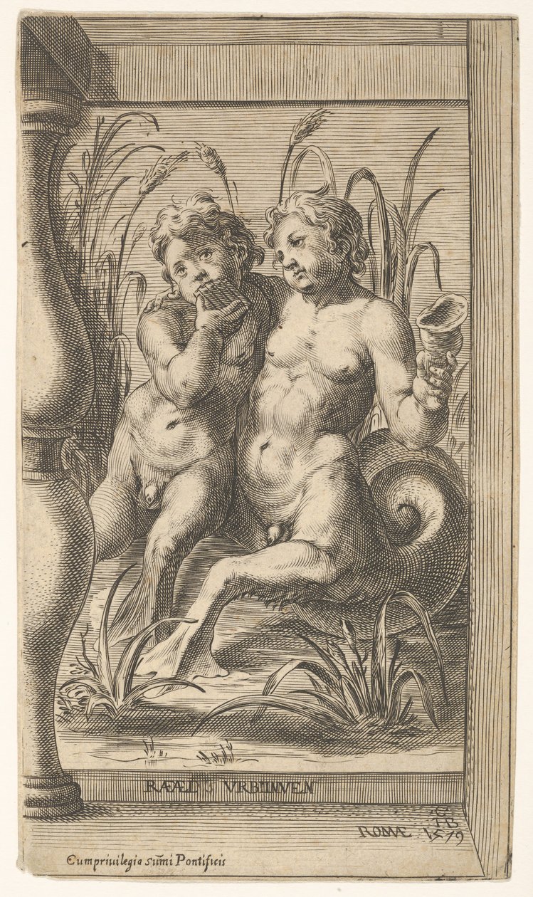 Twee tritons die elkaar omarmen, een speelt een panfluit, de tweede houdt een schelp vast door Cherubino Alberti