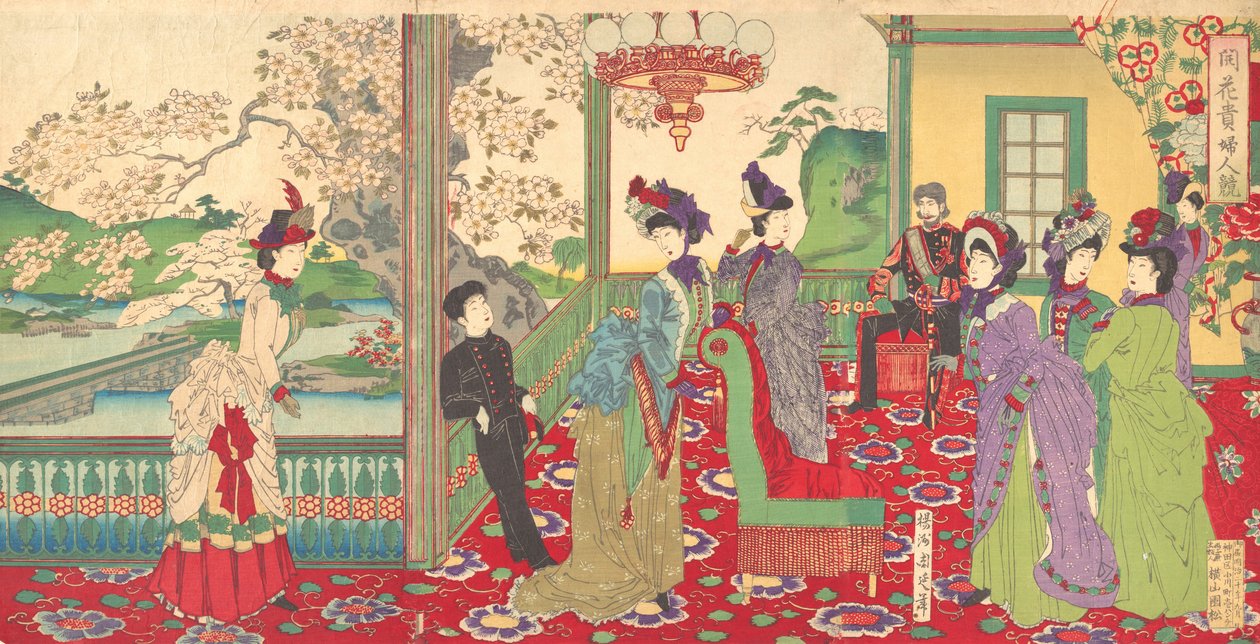 Een Wedstrijd van Elegante Dames tussen de Kersenbloesems, september 1887 door Chikanobu Yoshu