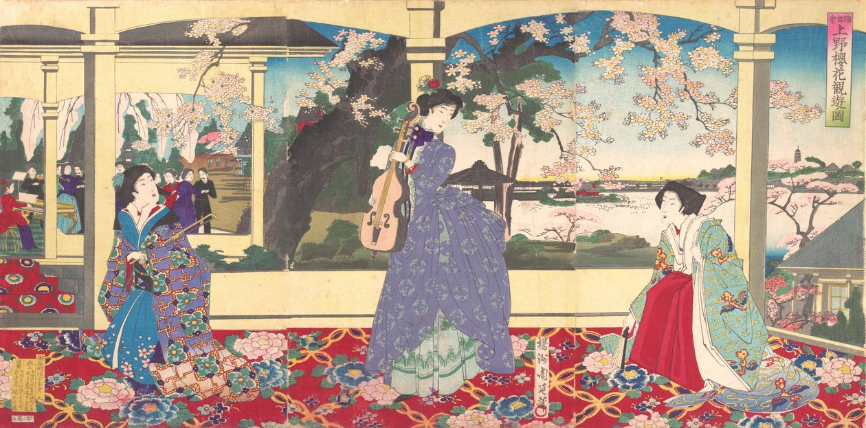 Een dansfeest: genieten van het kersenbloesem kijken in Ueno Tobukai Ueno oka yuran no z..., maart, 1887 door Chikanobu Yoshu