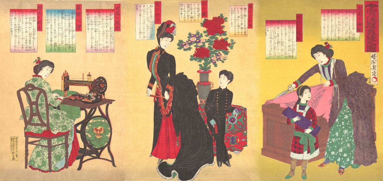 Hofdames Naaien Westerse Kleding, 23 augustus 1887 door Chikanobu Yoshu