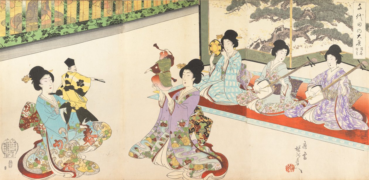 Dames in Wachten van het Chiyoda Kasteel: Zwaard Oefening en Poppen Kyogen, 1895 door Chikanobu Yoshu