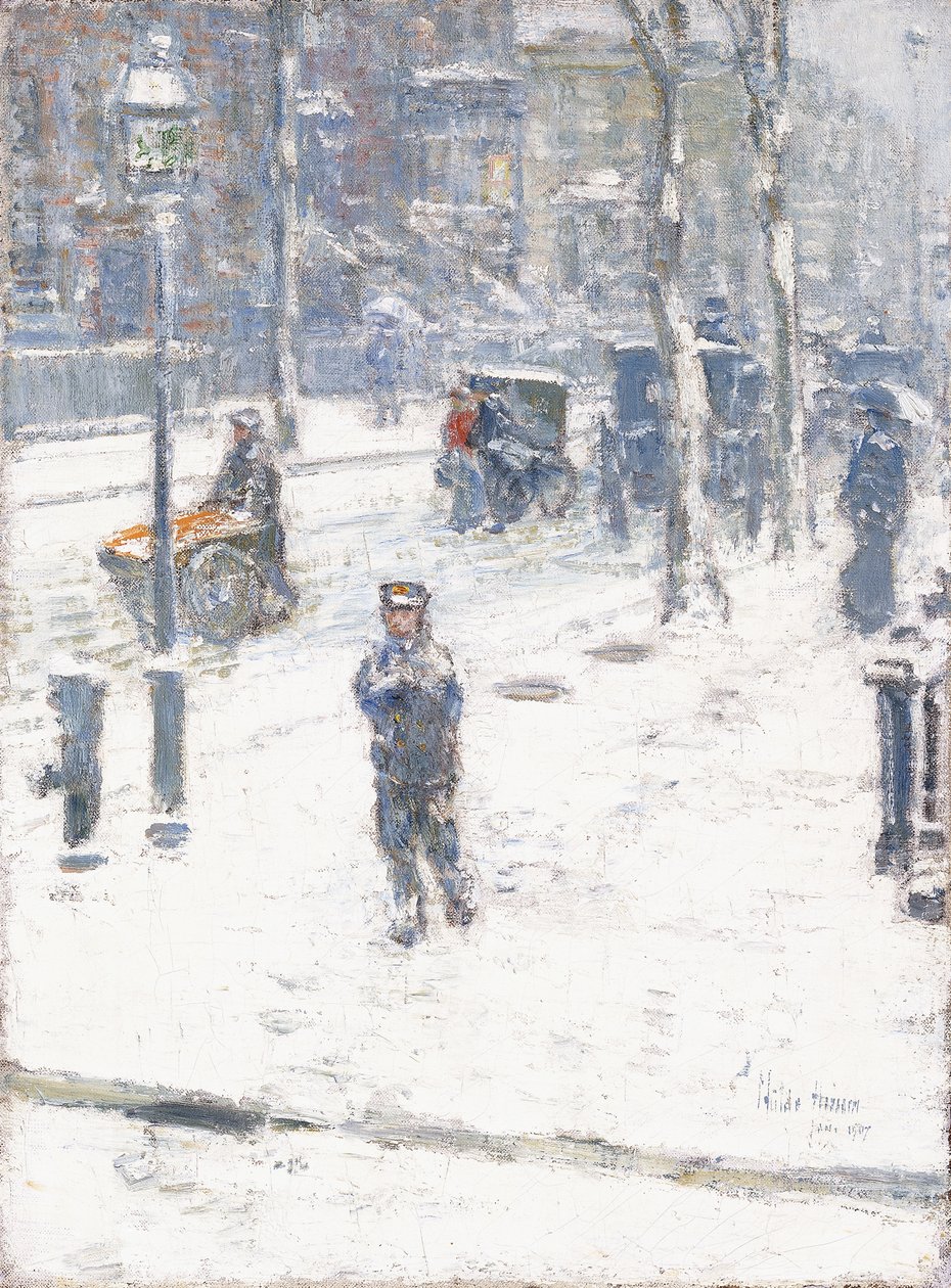 Sneeuwstorm, Fifth Avenue, New York door Childe Frederick Hassam