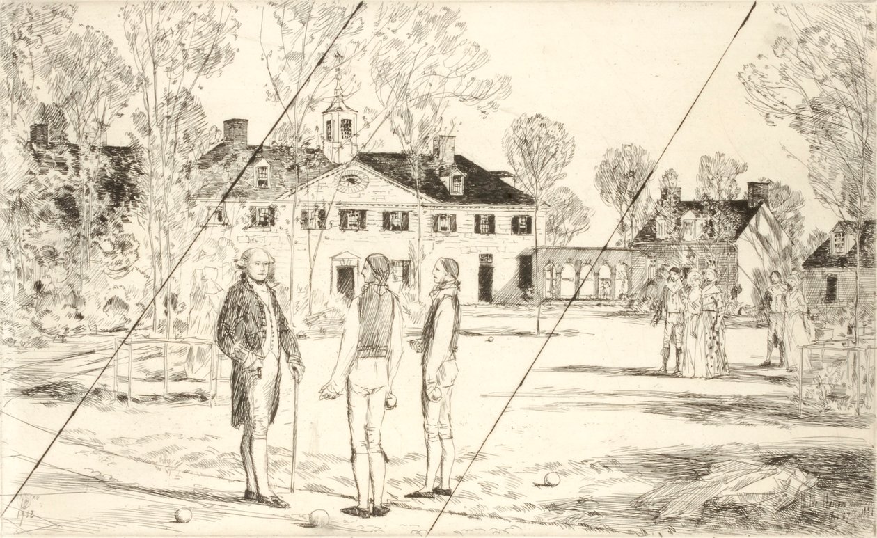 Washington in Mount Vernon (geschrapte prent uit de prentenreeks „The Bicentennial Pageant of George Washington”) door Childe Hassam