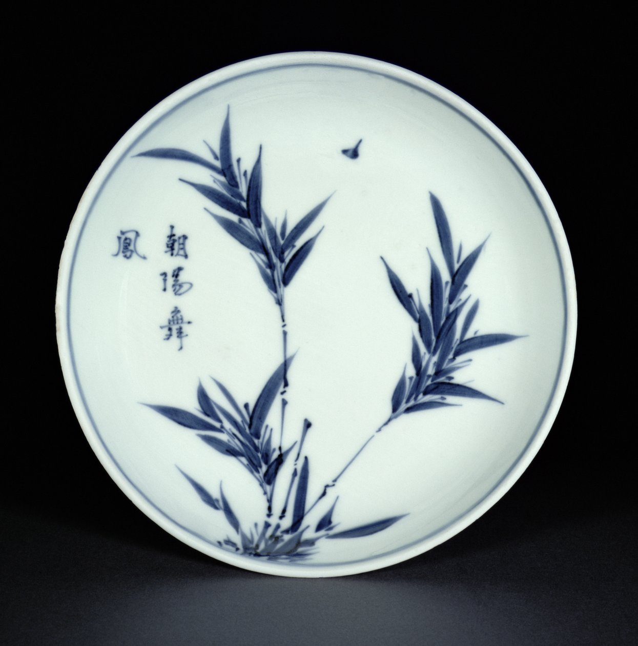Blauw-witte kosometsuke schotel beschilderd met bamboe en kalligrafie, Tianqi merk en periode, 1621-27 (porselein) door Chinese School
