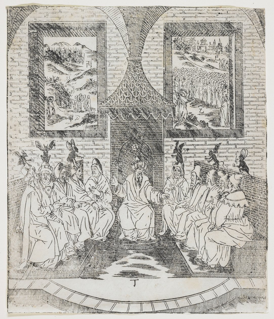 Kajafas en de Raad van Ouderen, plaat uit Giulio Alenis Tianzhu jiangsheng zhuxiang jingjie (Een geïllustreerde geschiedenis van de Heer des Hemels die vleesgeworden is) door Chinese School