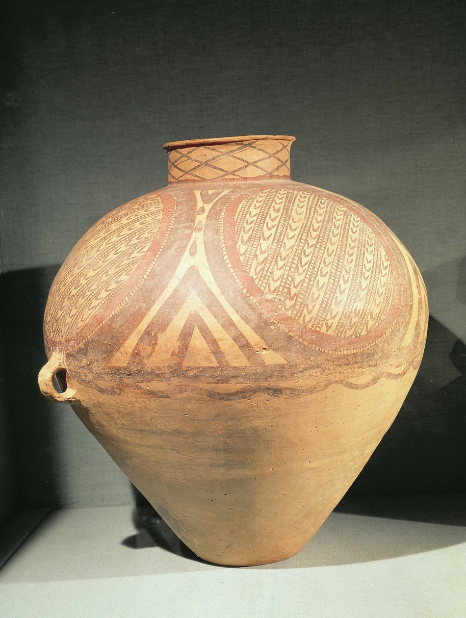 Grote smalle hals pot met kleine handvatten, uit Yung-Ching, Gansu, laat 3e millennium v.Chr. (klei) door Chinese School