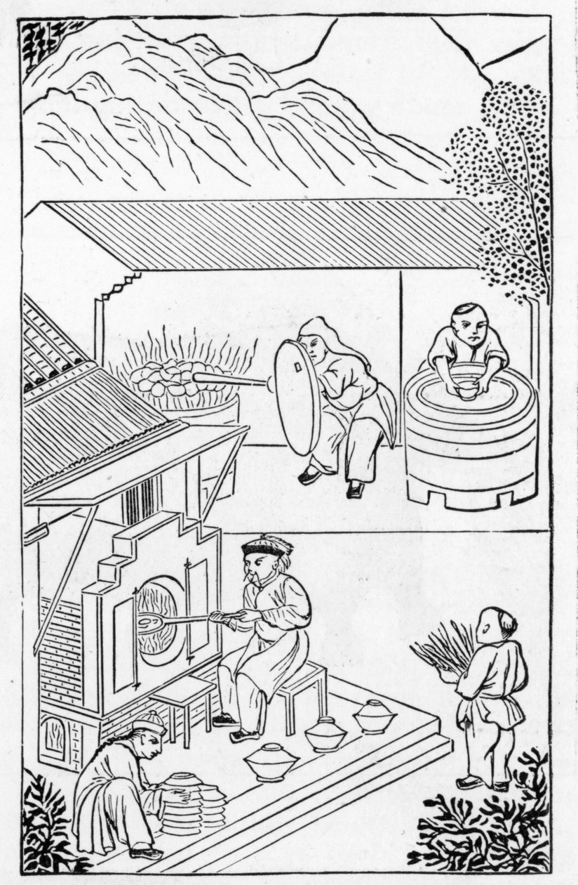 Openen en sluiten van ovens, uit een serie illustraties over de productie van porselein door Chinese School