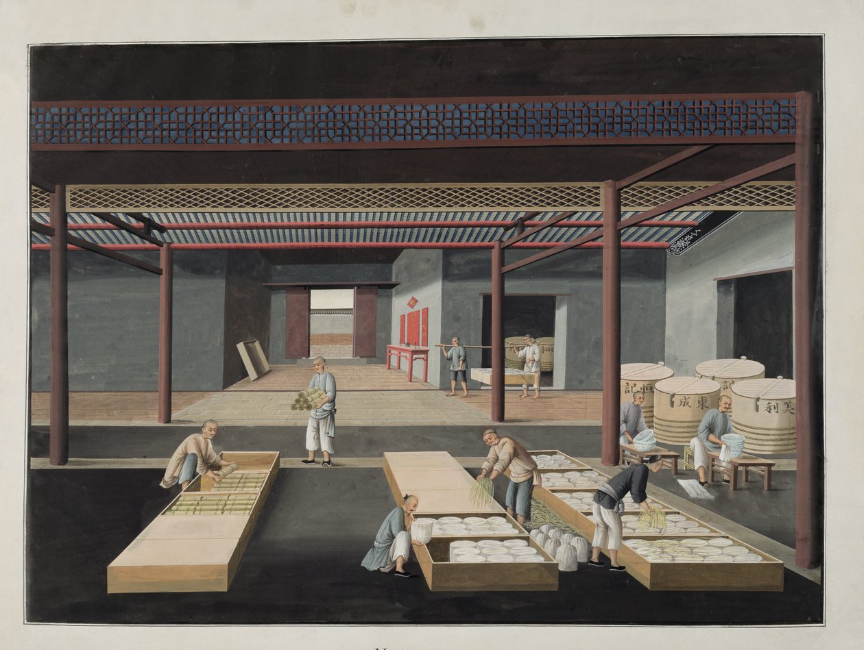 Het Verpakken en Inpakken van Schalen en Borden, plaat 12 in een serie van twaalf die het proces van Chinese porseleinproductie uitbeelden, 19e eeuw door Chinese School