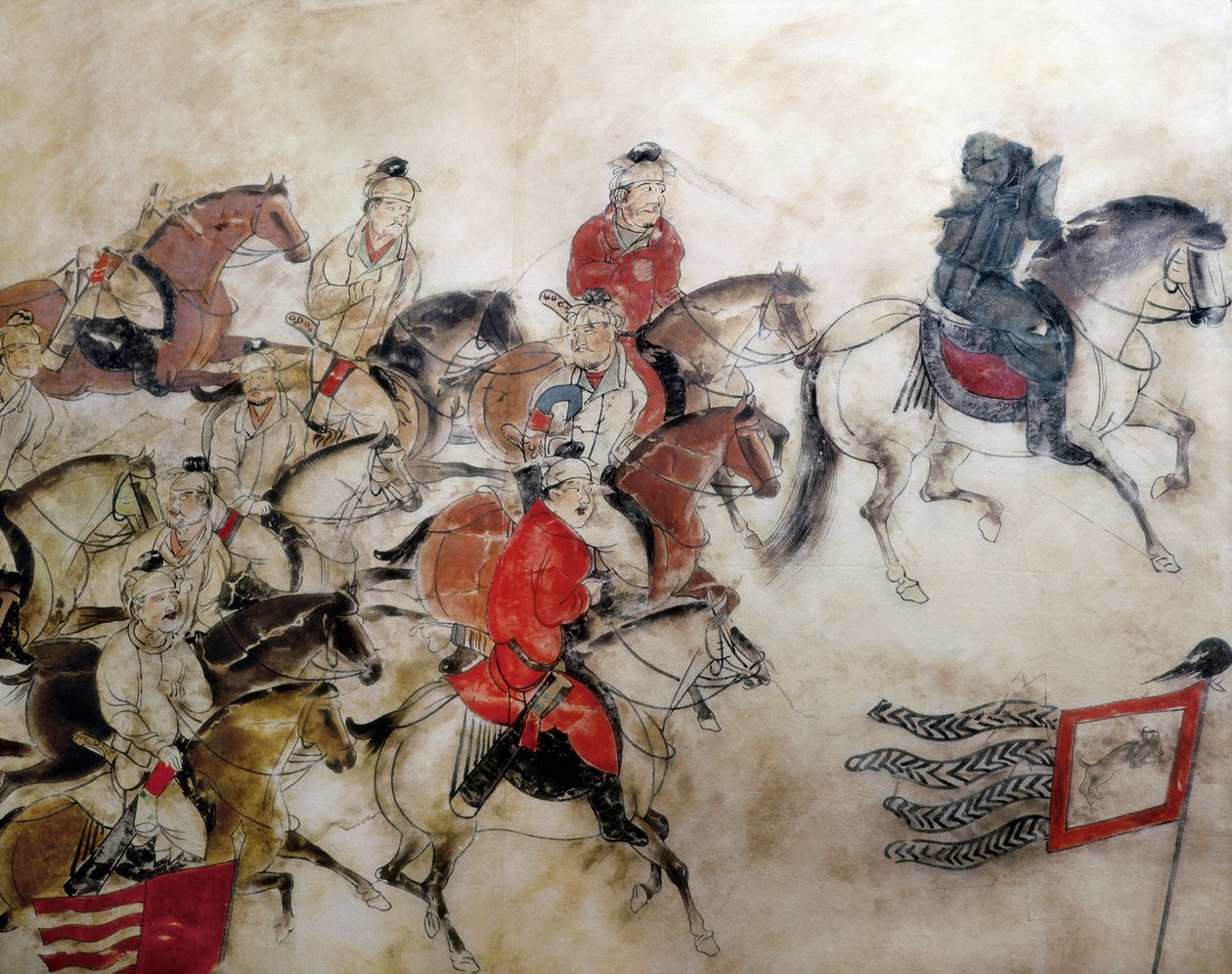 Graf van Prins Zhanghuai, jachtscène met paarden, Xian, Han-periode, 706 (muurschildering) door Chinese School