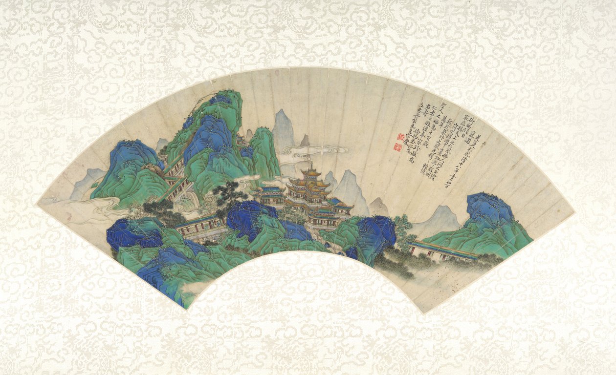 Paleizen van de Onsterfelijken, waaier gemonteerd als een albumblad, 1753 door Chinese School Chinese School