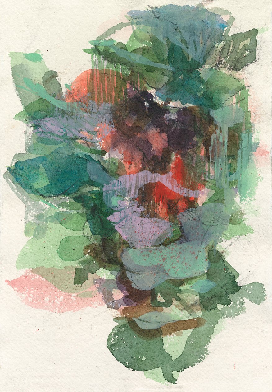 Abstracte compositie, Organische vormen/plantenserie, 2021, aquarel, inkt, houtskool  gouache op aquarelpapier door Ching Fun Tso