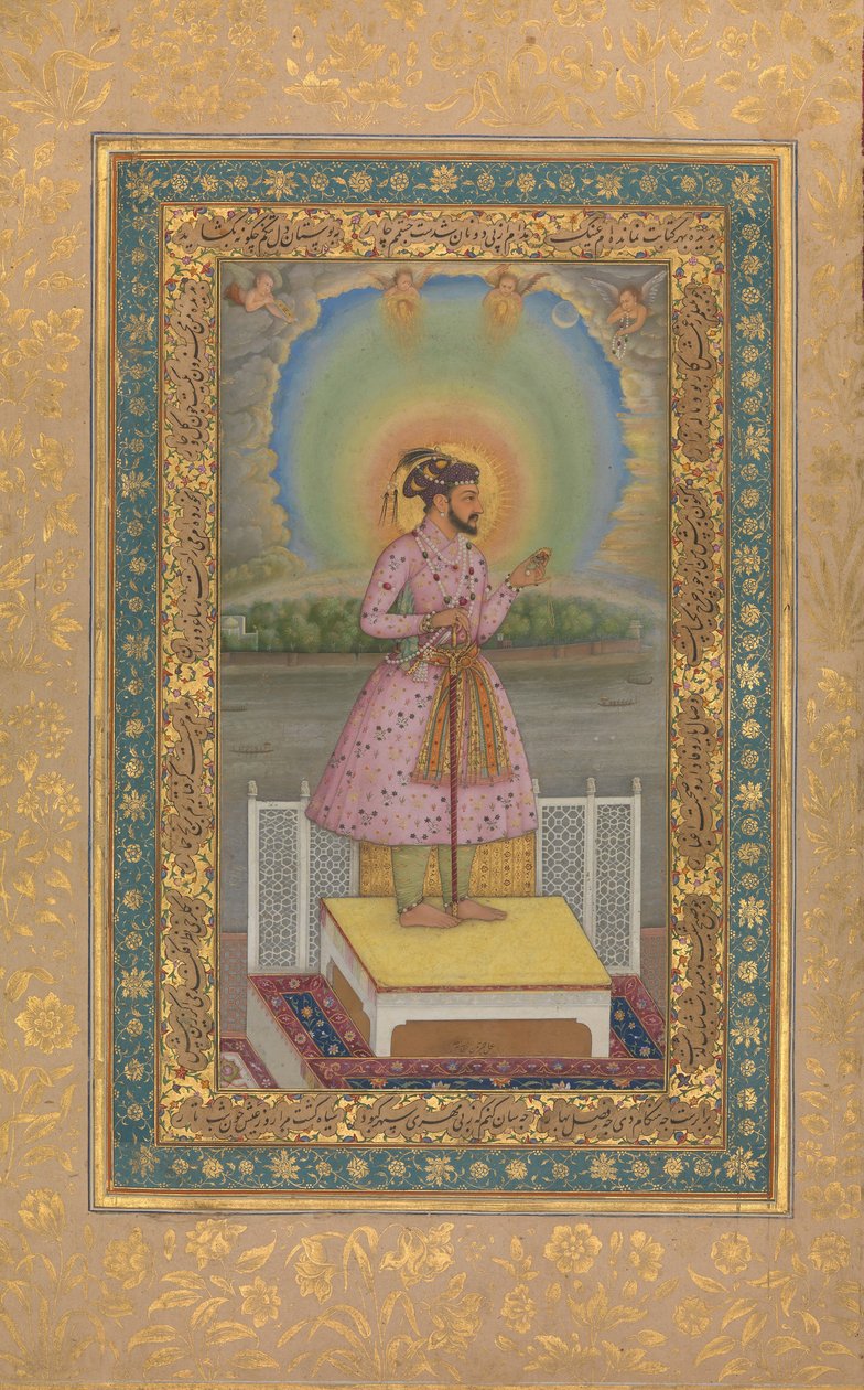 Shah Jahan op een terras, met een hanger met zijn portret, folio..., 1627-28 door Chitarman