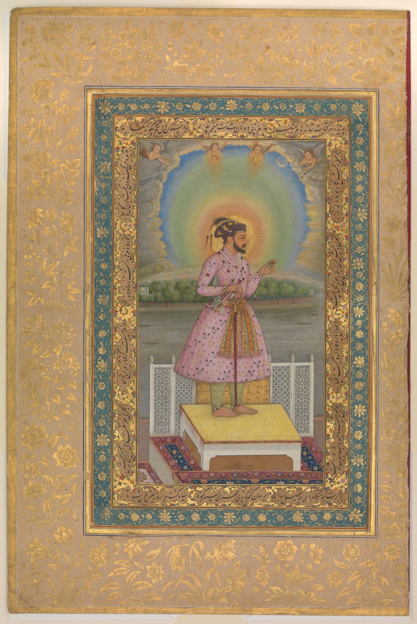 Shah Jahan op een terras, met een hanger met zijn portret, folio uit het Shah Jahan Album, recto: 1627-28 door Chitarman