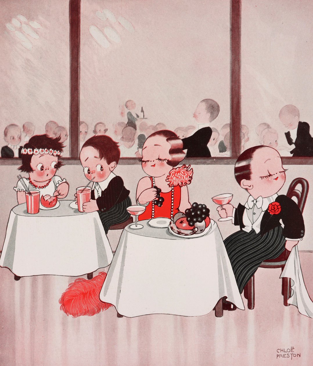 Stadsmuizen en plattelandsmuizen, verfijnde burgers vs ongeraffineerde plattelanders, restaurantscène, tekening door Chloe Preston (1887-1969) uit The Tatler, nr. 1384, januari 4 door Chloe Preston