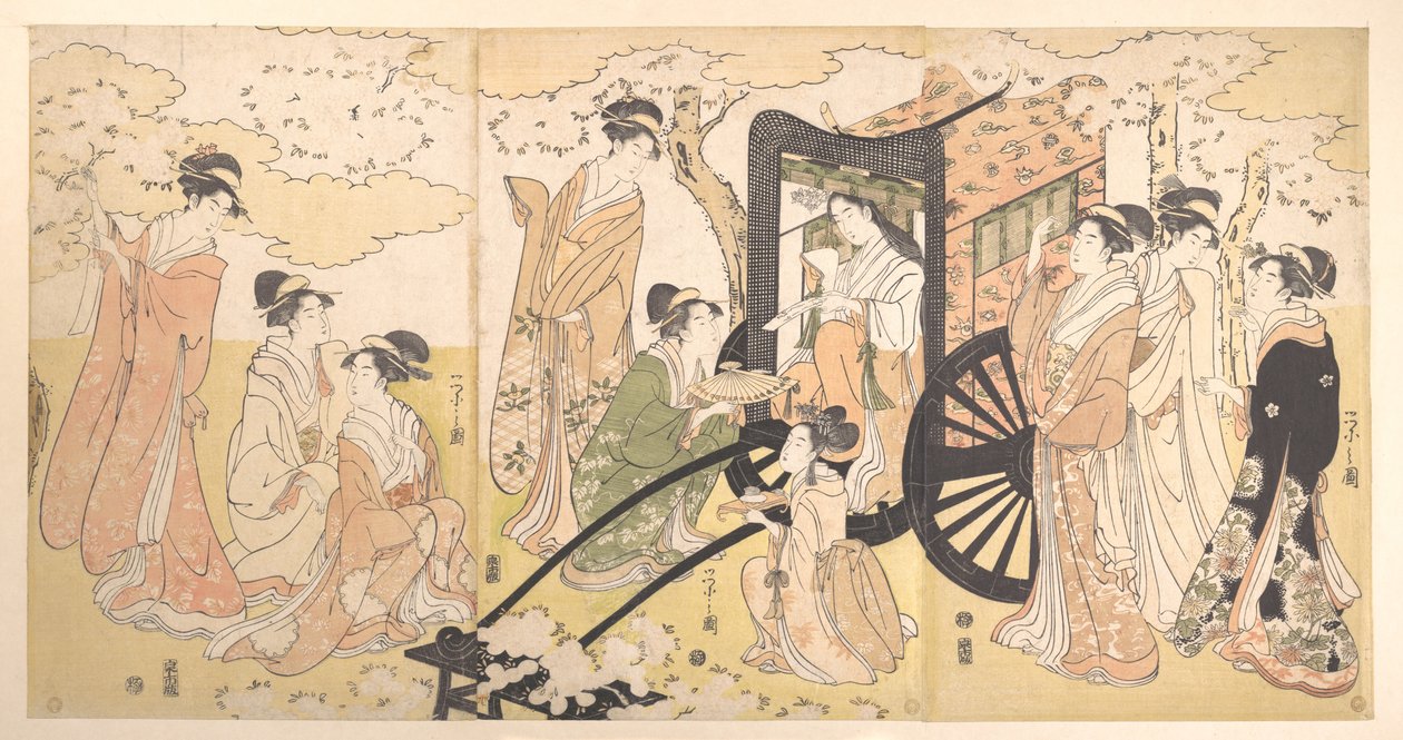 Een uitstapje om kersen te bekijken door een adellijke dame en haar gevolg door Chobunsai Eishi