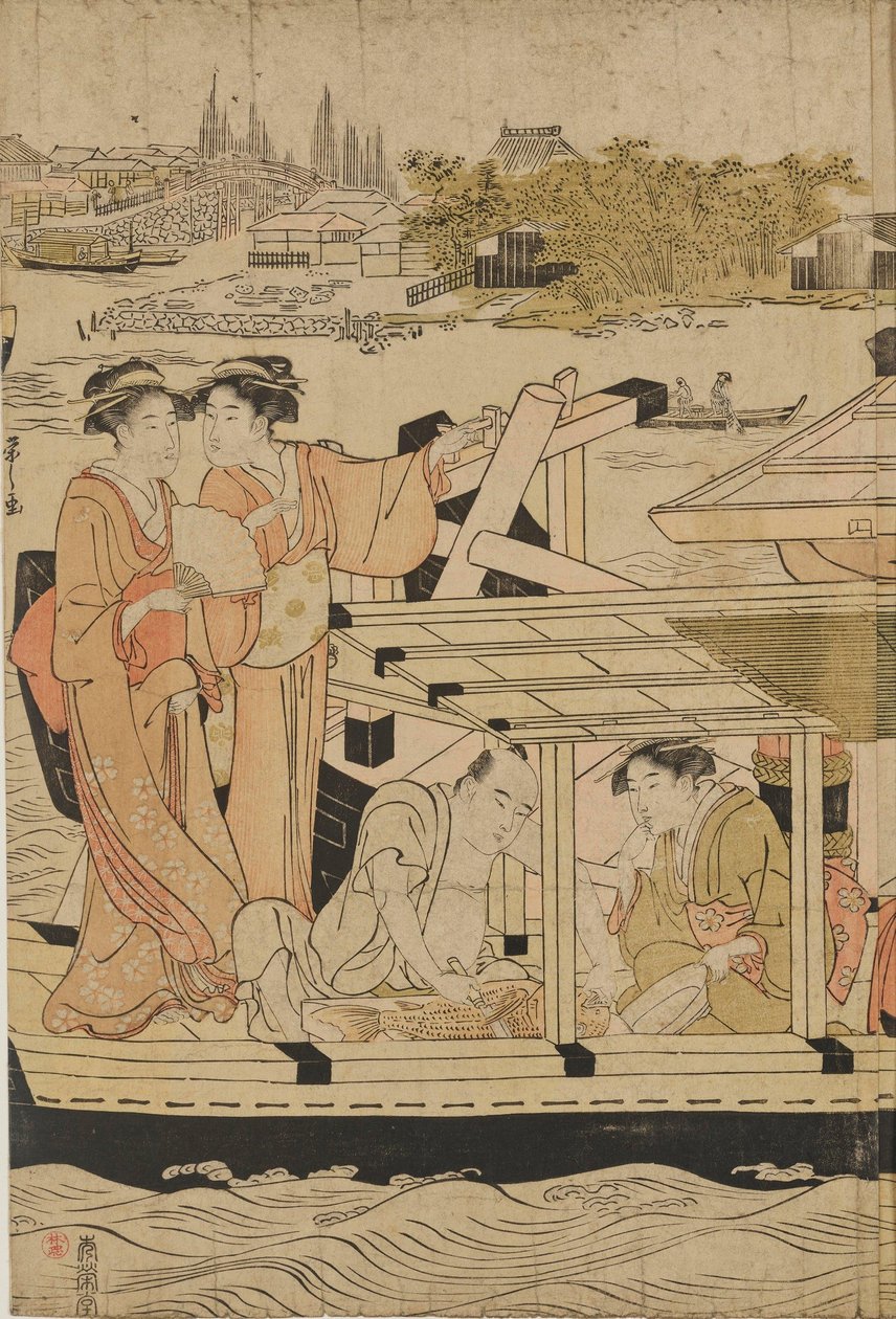 Verkoeling zoeken op boten bij de Ōhashi-brug door Chobunsai Eishi