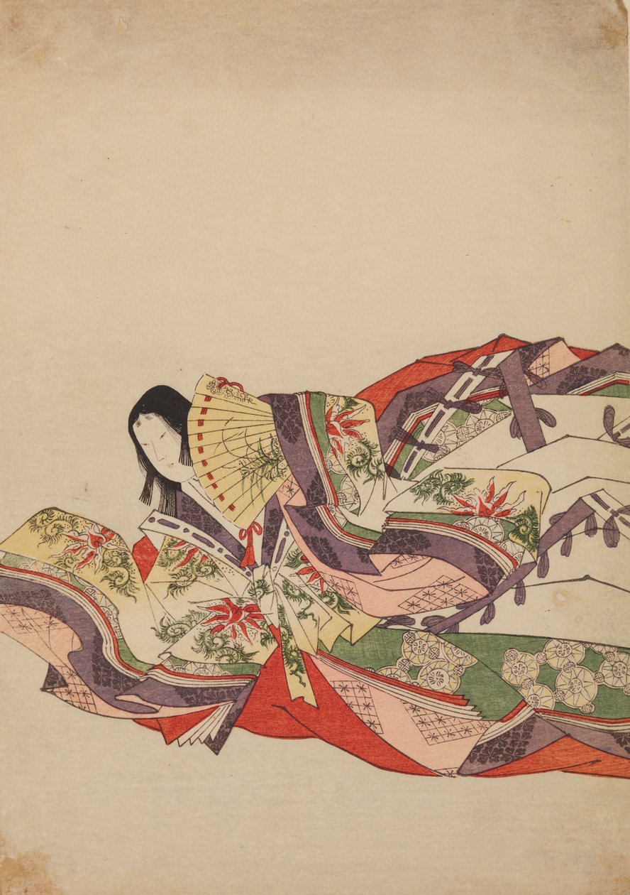 Zittende hofdame, voorovergebogen met een waaier, plaat uit het album: Nishiki-zuri onna sanju rokkasen e-zukushi door Chobunsai Eishi