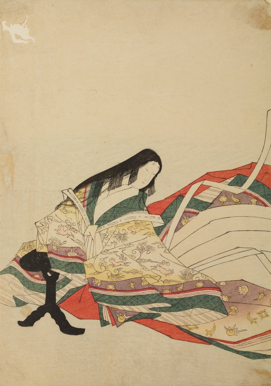 Een hofdame die voor een zwart tafeltje zit, afbeelding uit het album: Nishiki-zuri onna sanju rokkasen e-zukushi door Chobunsai Eishi