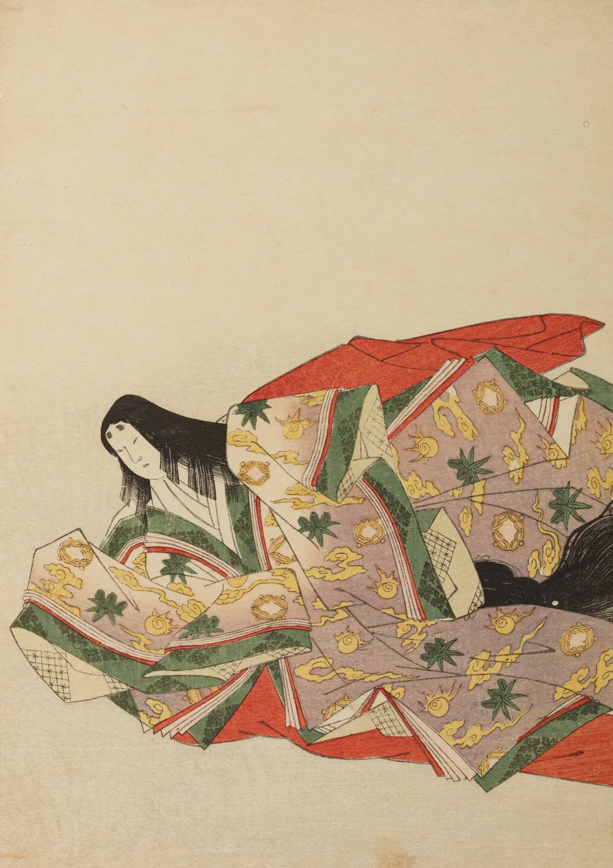 Hofdame zittend in een lichtviolet gewaad met groen en geel patroon, plaat uit het album: Nishiki-zuri onna sanju rokkasen e-zukushi door Chobunsai Eishi