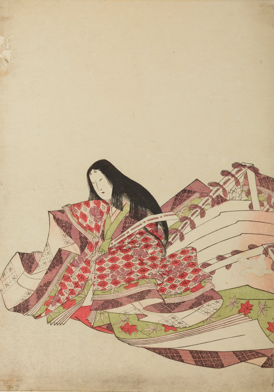 Een hofdame, gekleed in een gewaad met wit-rode ruiten; afbeelding uit het album: Nishiki-zuri onna sanju rokkasen e-zukushi door Chobunsai Eishi