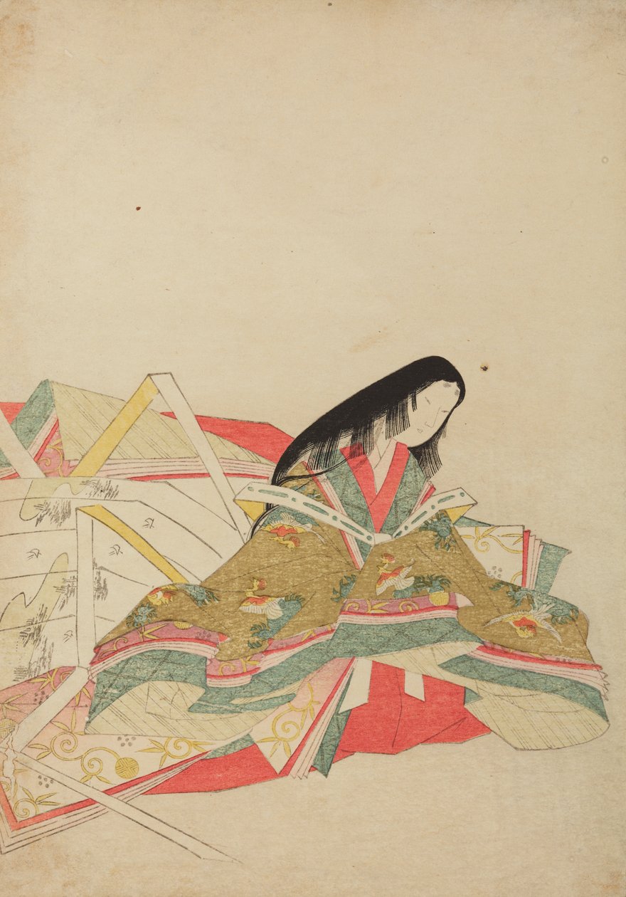 Een hofdame, gezeten in een gewaad met een patroon van hoo-vogels, plaat uit het album: Nishiki-zuri onna sanju rokkasen e-zukushi door Chobunsai Eishi