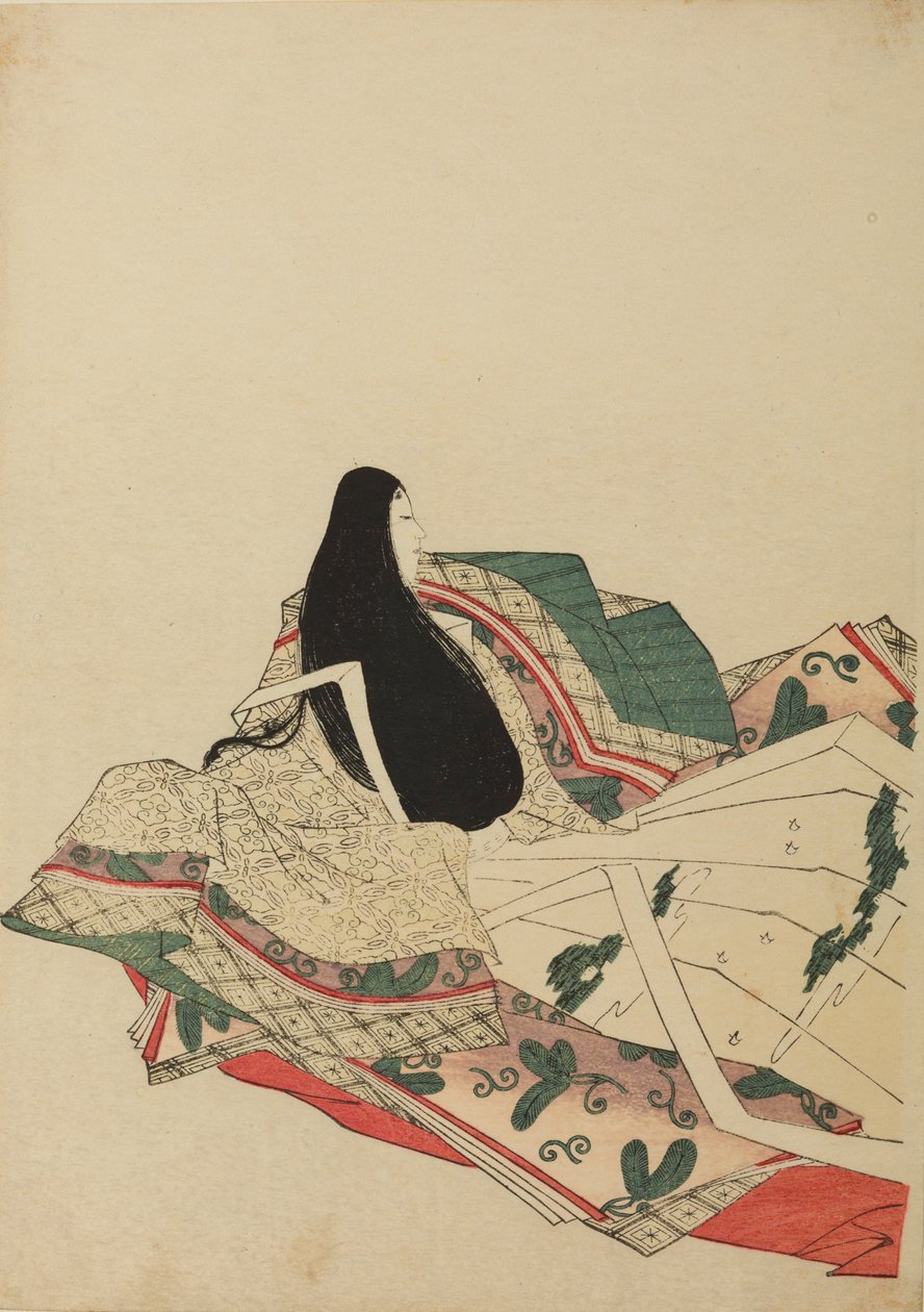 Zittende hofdame, driekwart van achteren gezien, plaat uit het album: Nishiki-zuri onna sanju rokkasen e-zukushi door Chobunsai Eishi