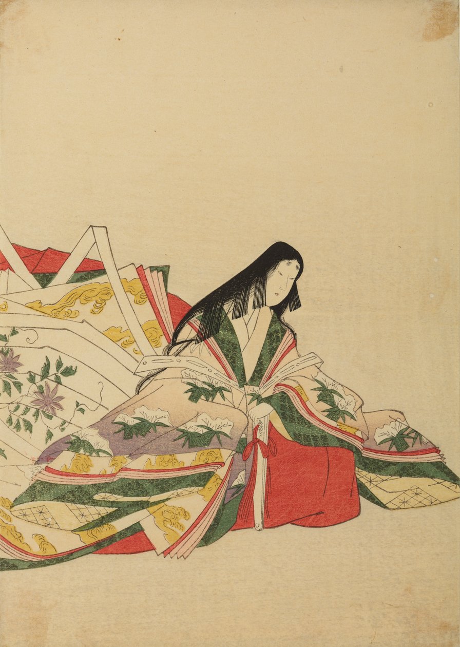 Een zittende hofdame, leunend op een waaier, plaat uit het album: Nishiki-zuri onna sanju rokkasen e-zukushi door Chobunsai Eishi