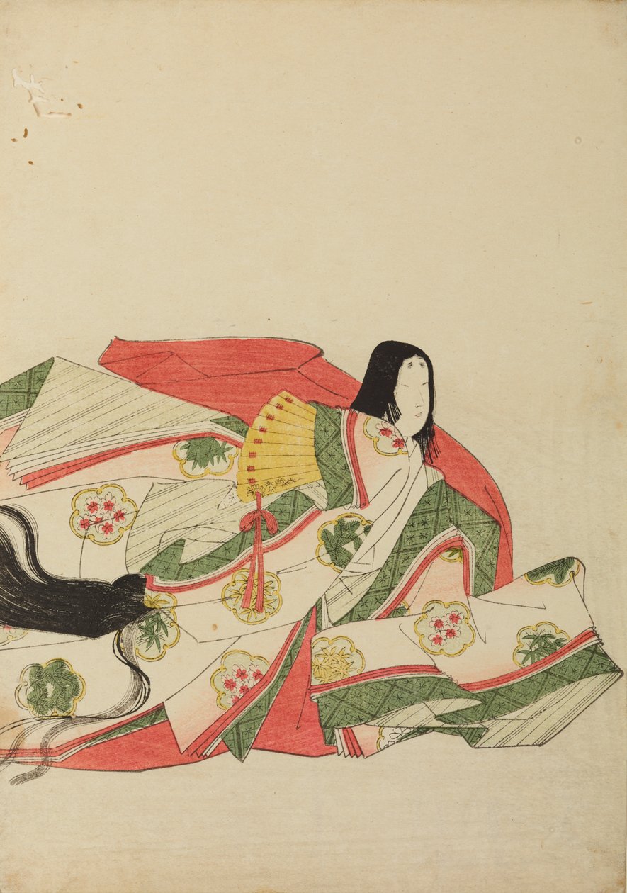 Zittende hofdame met een gele waaier, plaat uit het album: Nishiki-zuri onna sanju rokkasen e-zukushi door Chobunsai Eishi