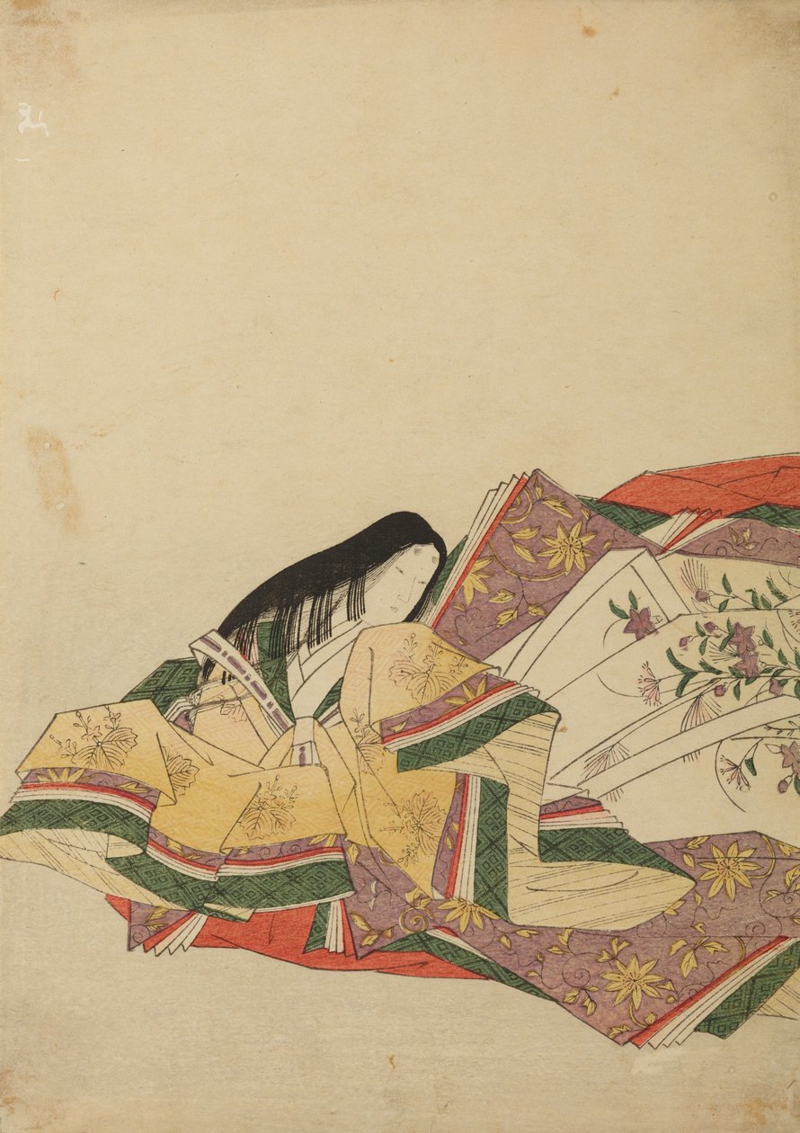 Een zittende hofdame, naar links gekeerd, plaat uit het album: Nishiki-zuri onna sanju rokkasen e-zukushi door Chobunsai Eishi