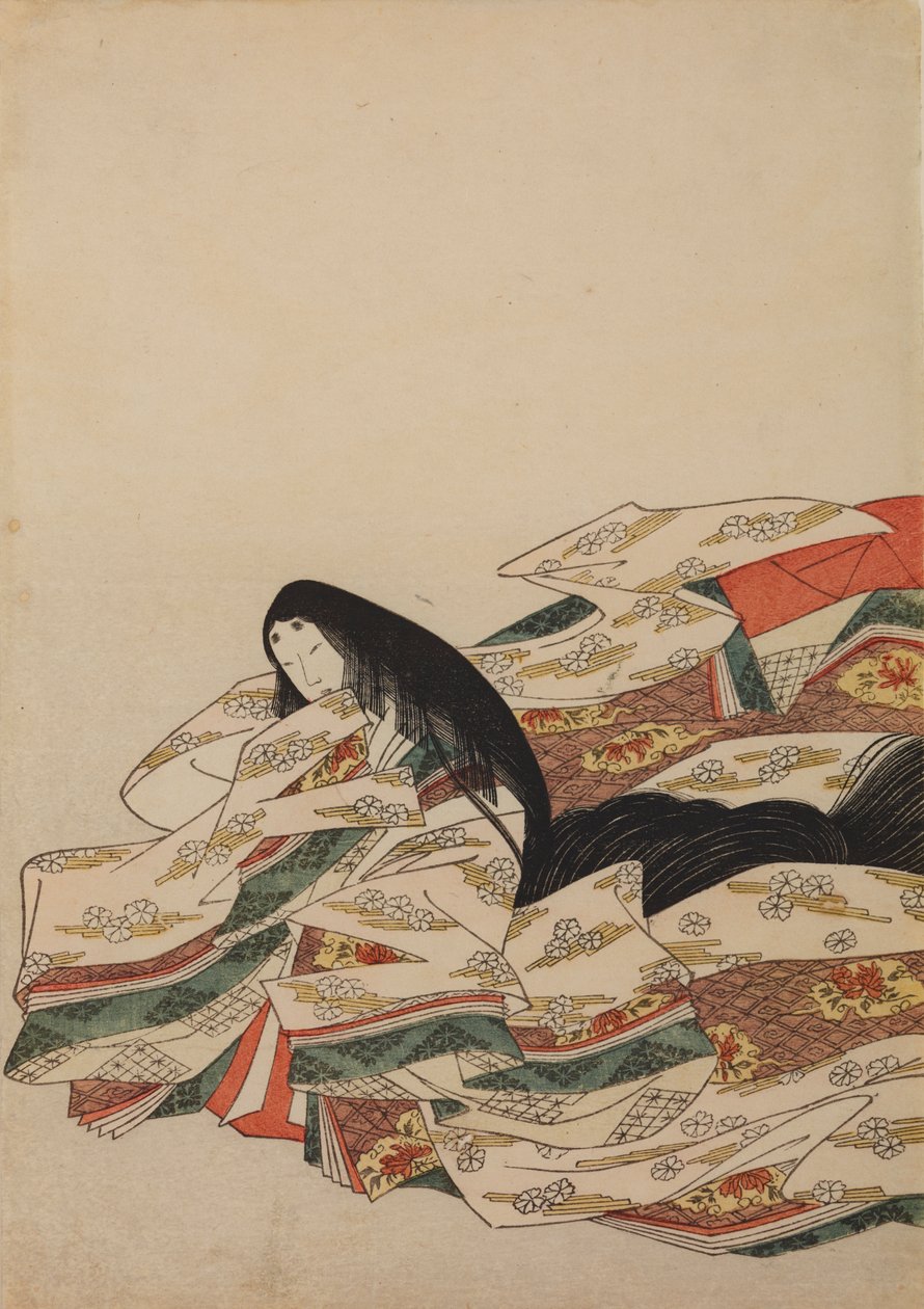 Zittende hofdame, naar links gekeerd, blad uit het album: Nishiki-zuri onna sanjū rokkasen e-zukushi door Chobunsai Eishi