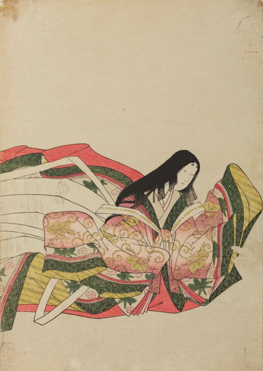 Een zittende hofdame, naar rechts gekeerd, plaat uit het album: Zesendertig dichteressen / Nishiki-zuri onna sanju e-zukushi door Chobunsai Eishi
