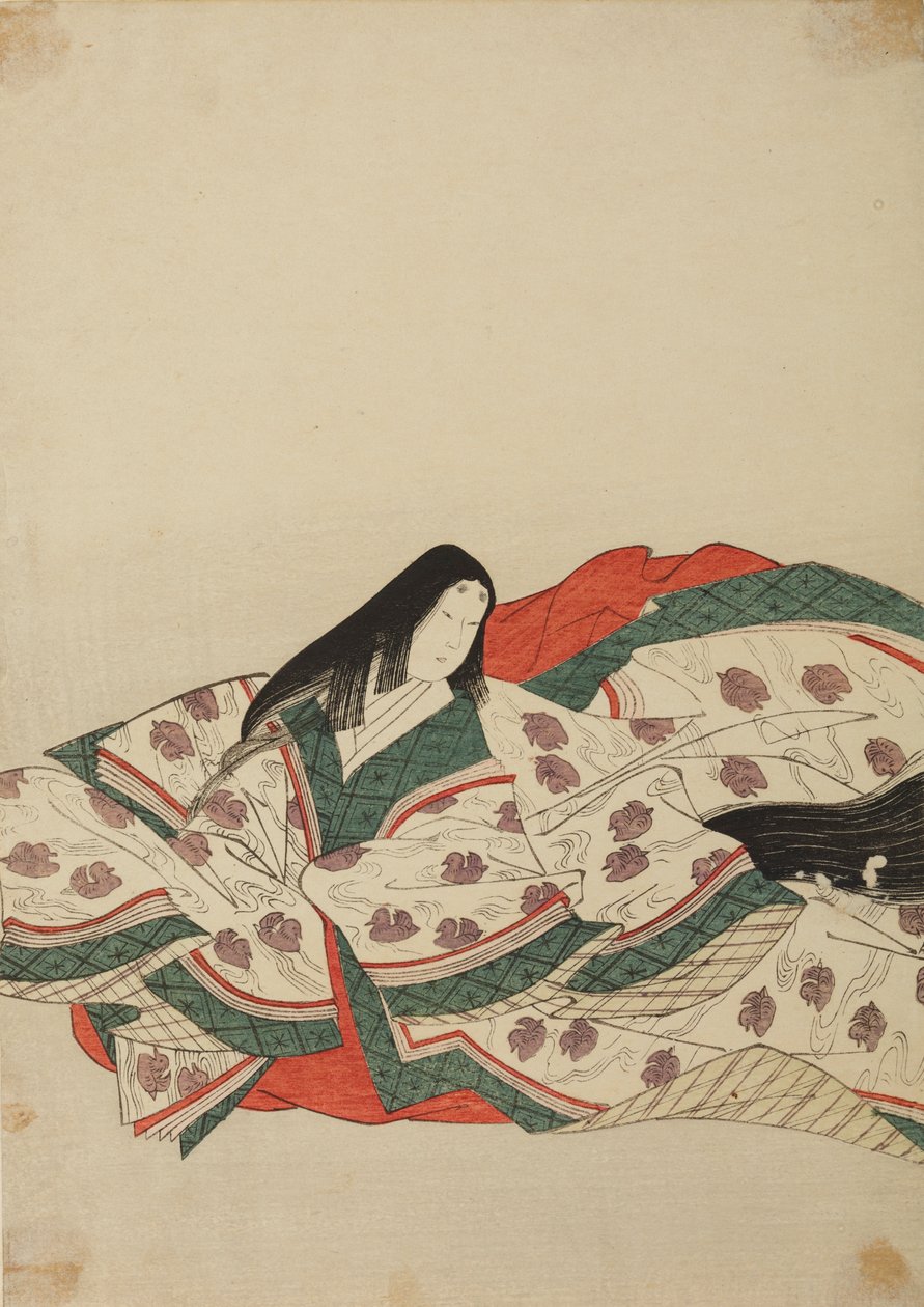 Hofdame in witte kimono met een patroon van eendjes op het water, plaat uit het album: Nishiki-zuri onna sanju rokkasen e-zukushi door Chobunsai Eishi