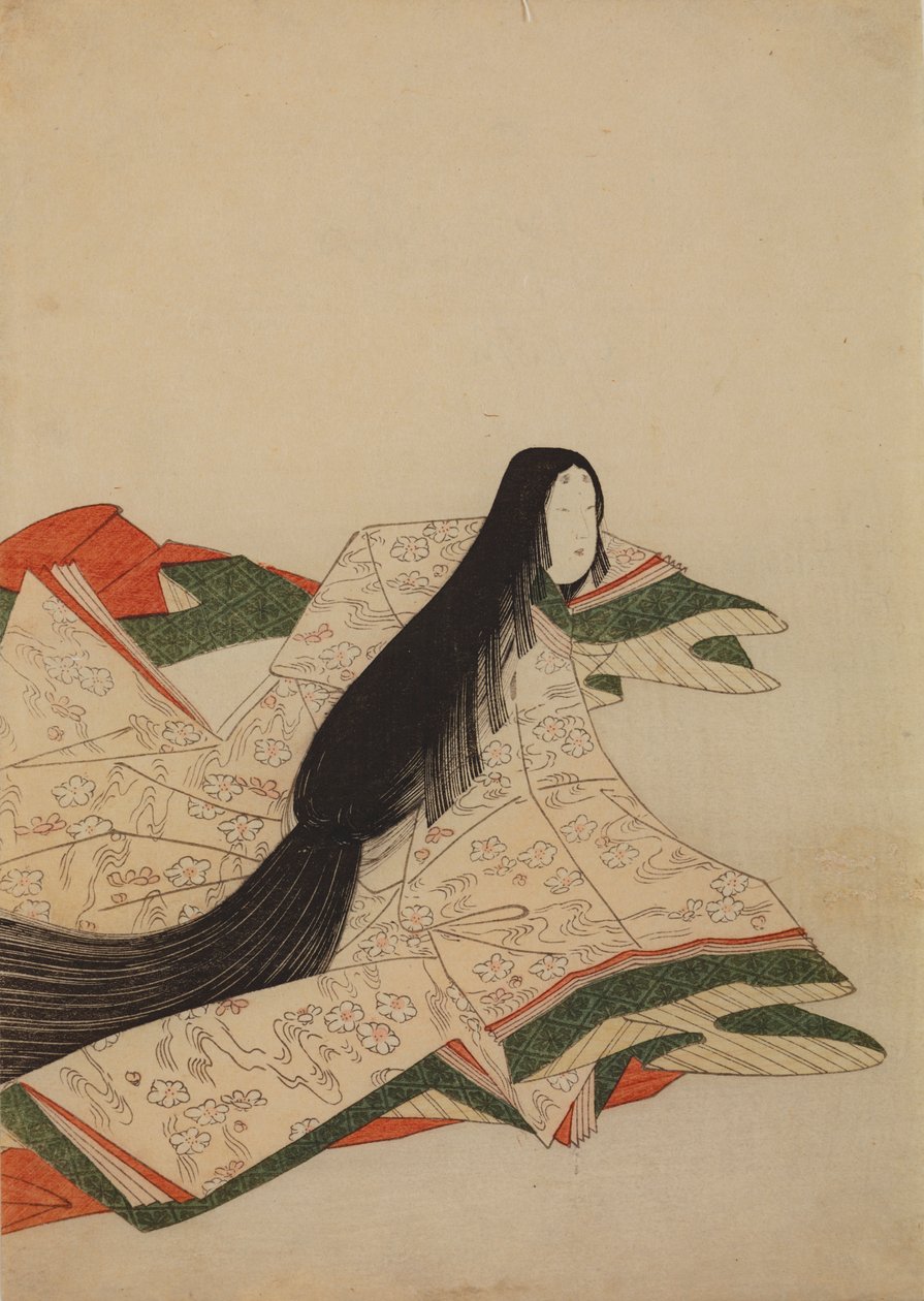 Een hofdame in een roze kimono met een patroon van kersenbloesems op golven, plaat uit het album: Zesendertig dichteressen / Nishiki-zuri onna sanju rokkasen e-zukushi door Chobunsai Eishi
