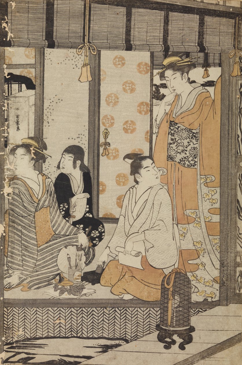 Twee vrouwen, een jongeman en een meisje in een huis door Chobunsai Eishi