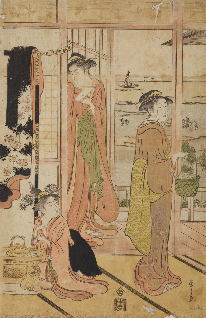 Twee staande vrouwen en een meisje in een interieur met uitzicht op het meer door Chobunsai Eishi