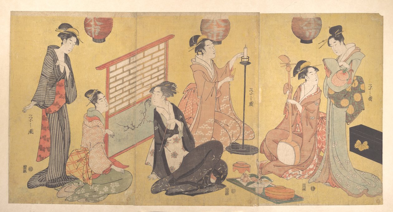 Geisha die zich voorbereidt op een vermakelijkheid door Chobunsai Eishi