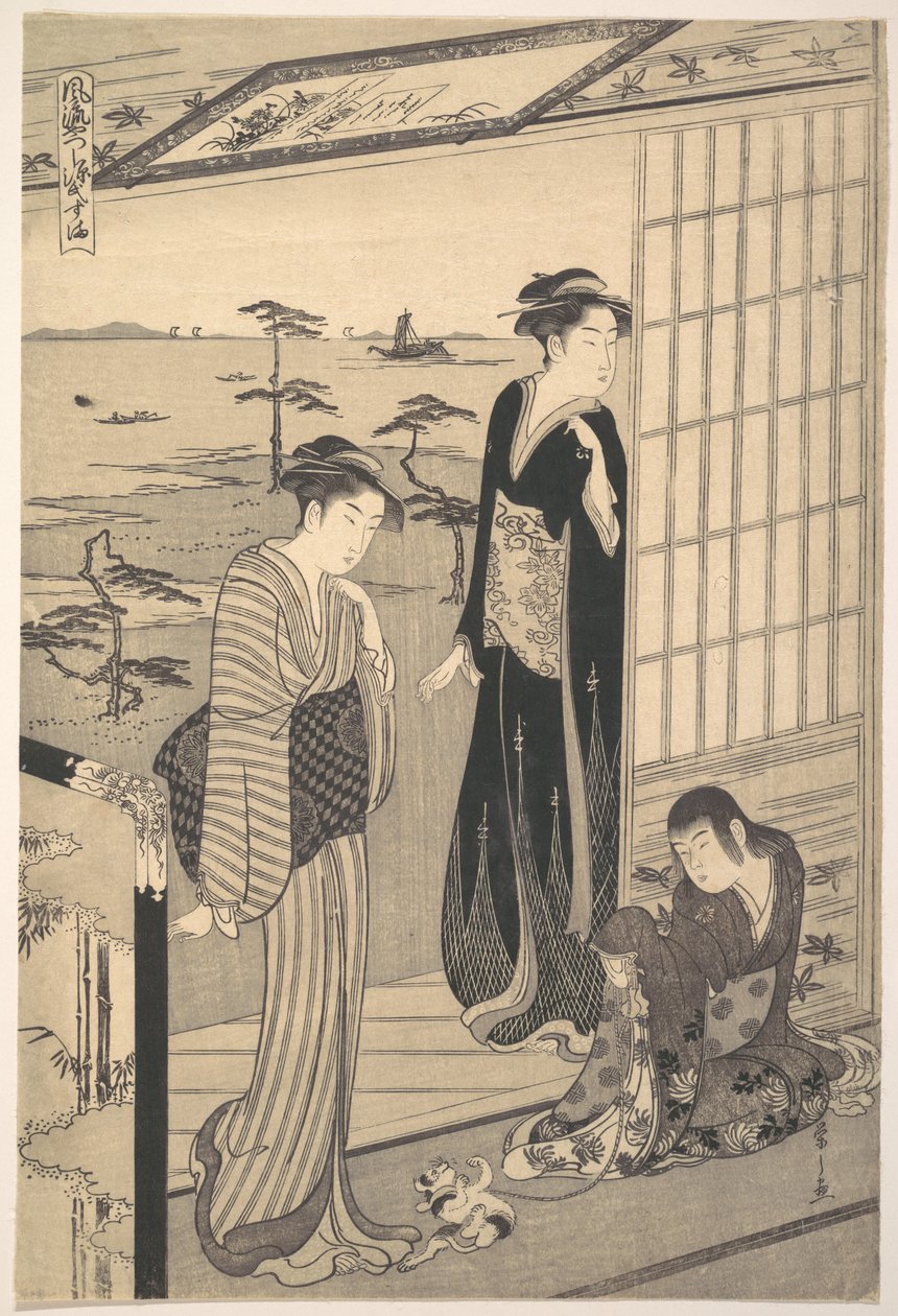 Genji in ballingschap in Suma, uit de serie Genji in een modieuze, moderne gedaante (Fūryū yatsushi Genji: Suma) door Chobunsai Eishi
