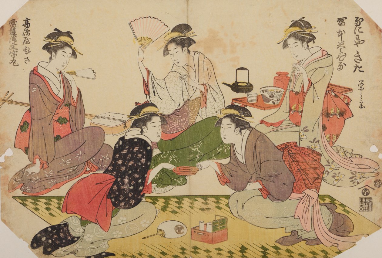 Een groep vrouwen die zich binnen vermaakt door Chobunsai Eishi