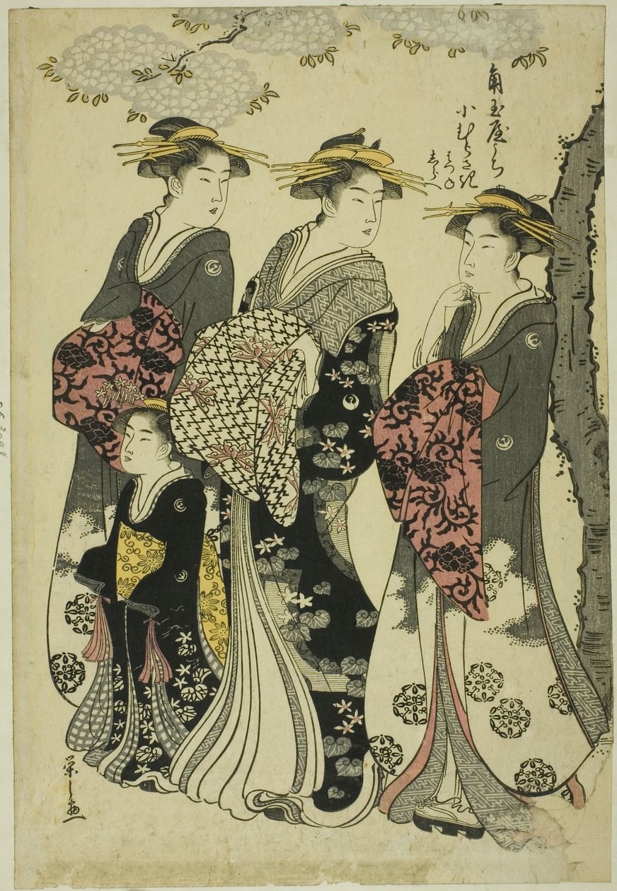 Komurasaki van de Kadotamaya met begeleiders Hatsune en Shirabe door Chobunsai Eishi