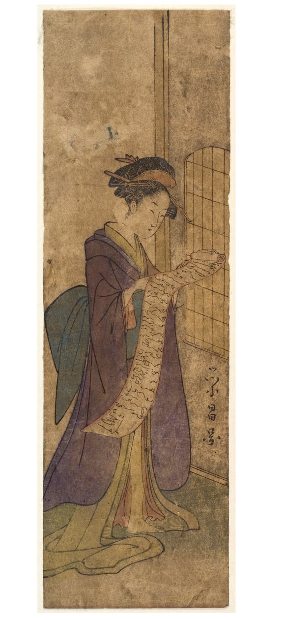 Dame leest een lange rolbrief door Chobunsai Eishi