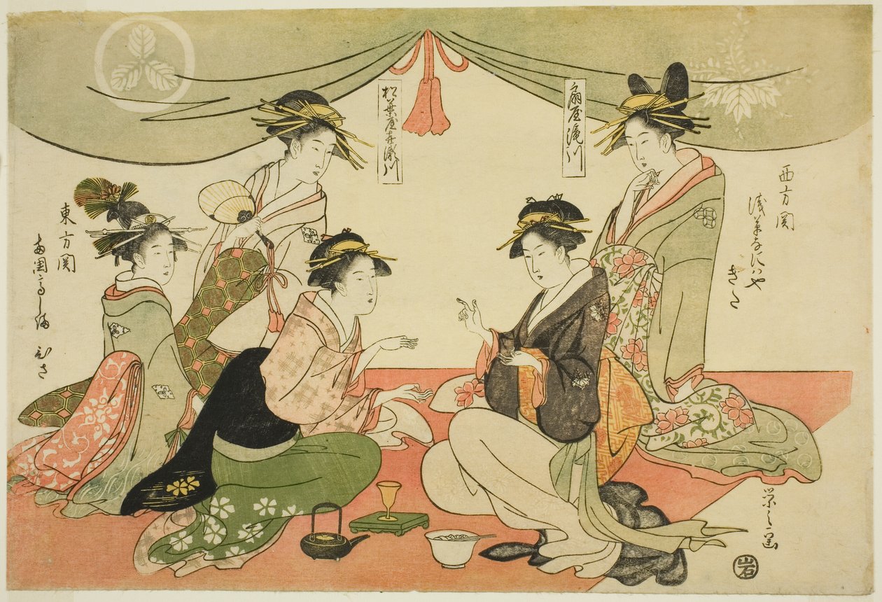Naniwaya Okita en Takashima Ohisa spelen een spelletje ken door Chobunsai Eishi