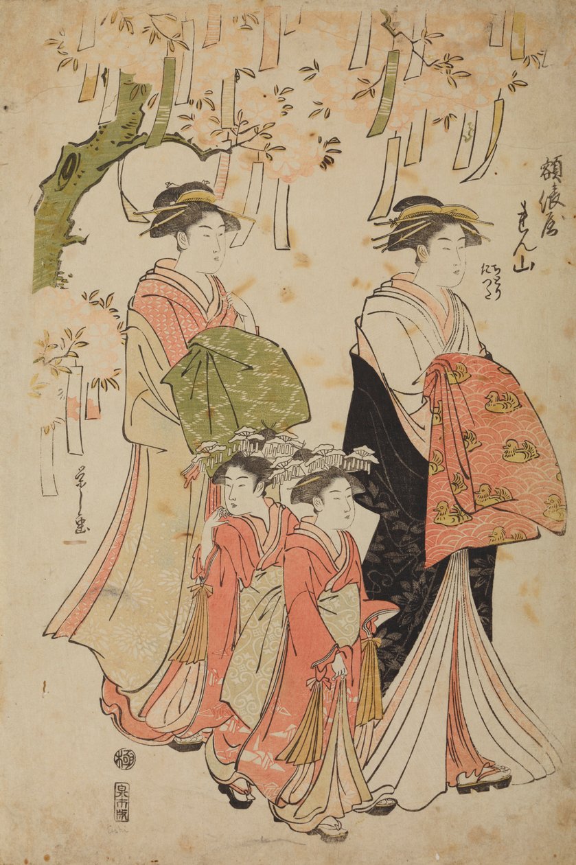 Oiran Renzan, geboren Tawaraya, met een metgezel en twee kamuro, Chidori en Tatsuta door Chobunsai Eishi
